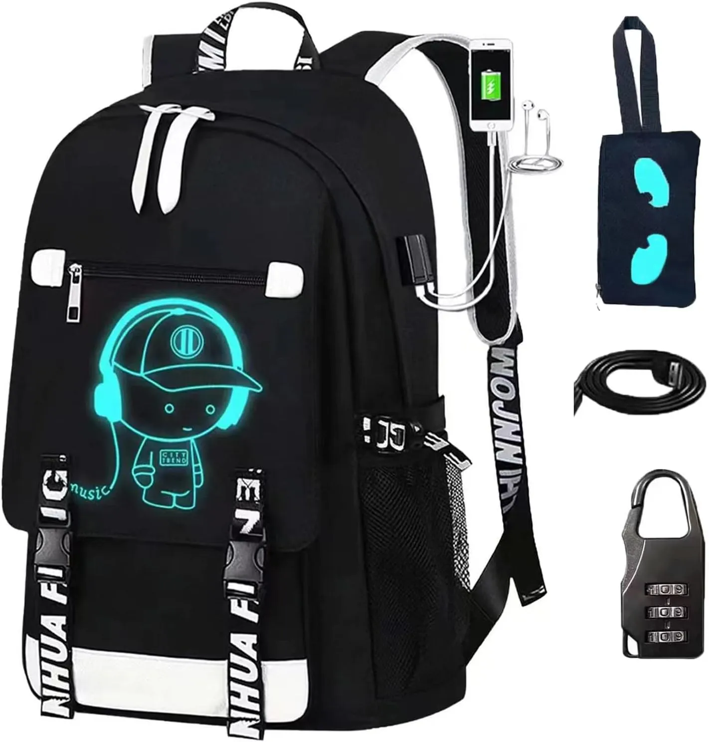 School Backpack for Boys Print Backpack Teenagers Anime Large School Bag Outdoor Reflective Daypack.Luminous Pattern Travel Laptop Backpack - With Usb Charging Port Headphone port