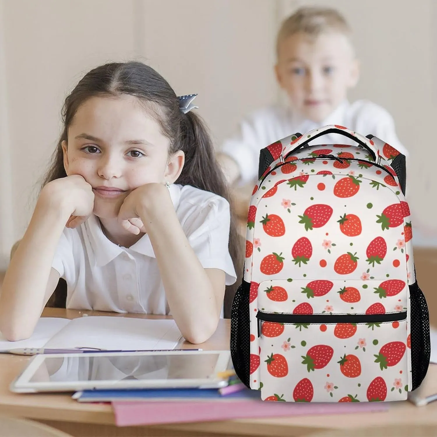 School Backpack for Girls - 17 Inch Large Capacity Aesthetic Kid Backpack - Pink Durable Strawberry Bookbag for School, Travel and Camp