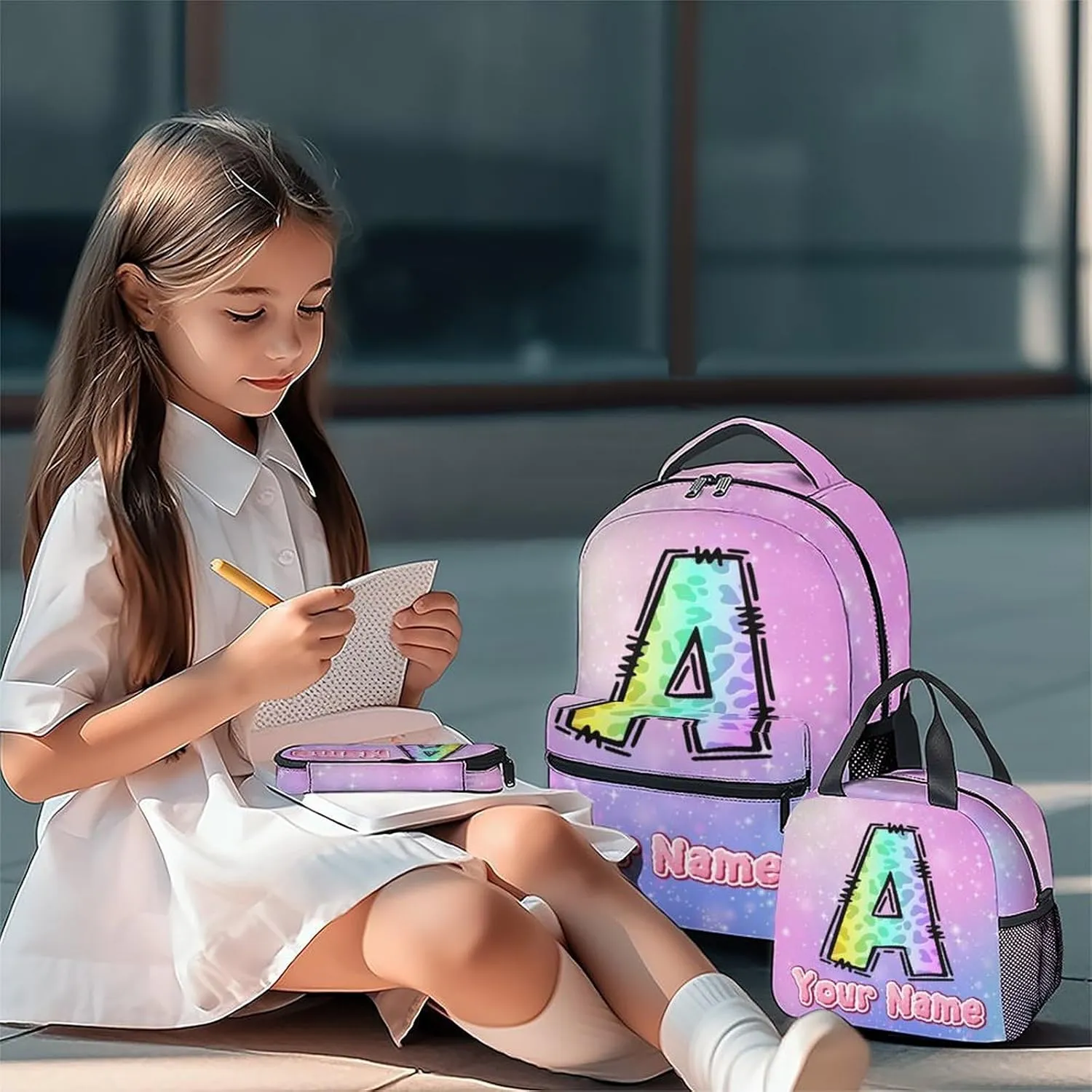 School Backpack with Lunch Box, Personalized Leopard Backpacks for Girls, Custom Cheetah Print Bookbag for Kids, 17 Inch Monogram Bookbag with Pencil Case