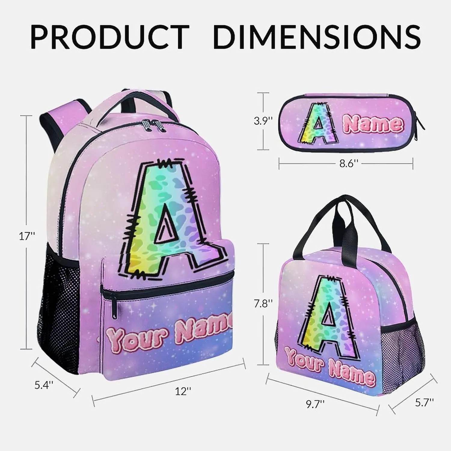 School Backpack with Lunch Box, Personalized Leopard Backpacks for Girls, Custom Cheetah Print Bookbag for Kids, 17 Inch Monogram Bookbag with Pencil Case