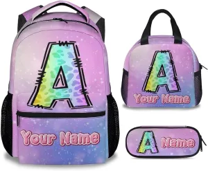 School Backpack with Lunch Box, Personalized Leopard Backpacks for Girls, Custom Cheetah Print Bookbag for Kids, 17 Inch Monogram Bookbag with Pencil Case