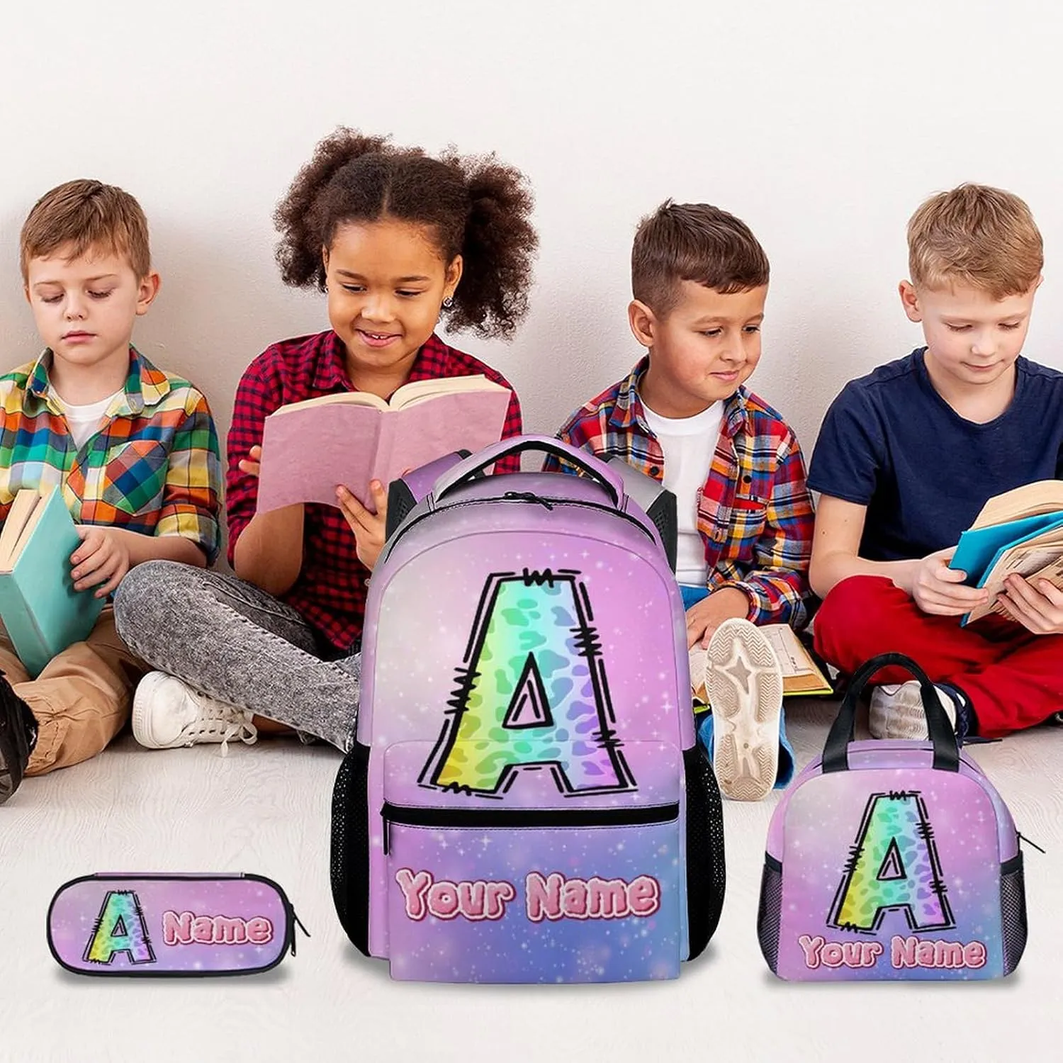 School Backpack with Lunch Box, Personalized Leopard Backpacks for Girls, Custom Cheetah Print Bookbag for Kids, 17 Inch Monogram Bookbag with Pencil Case
