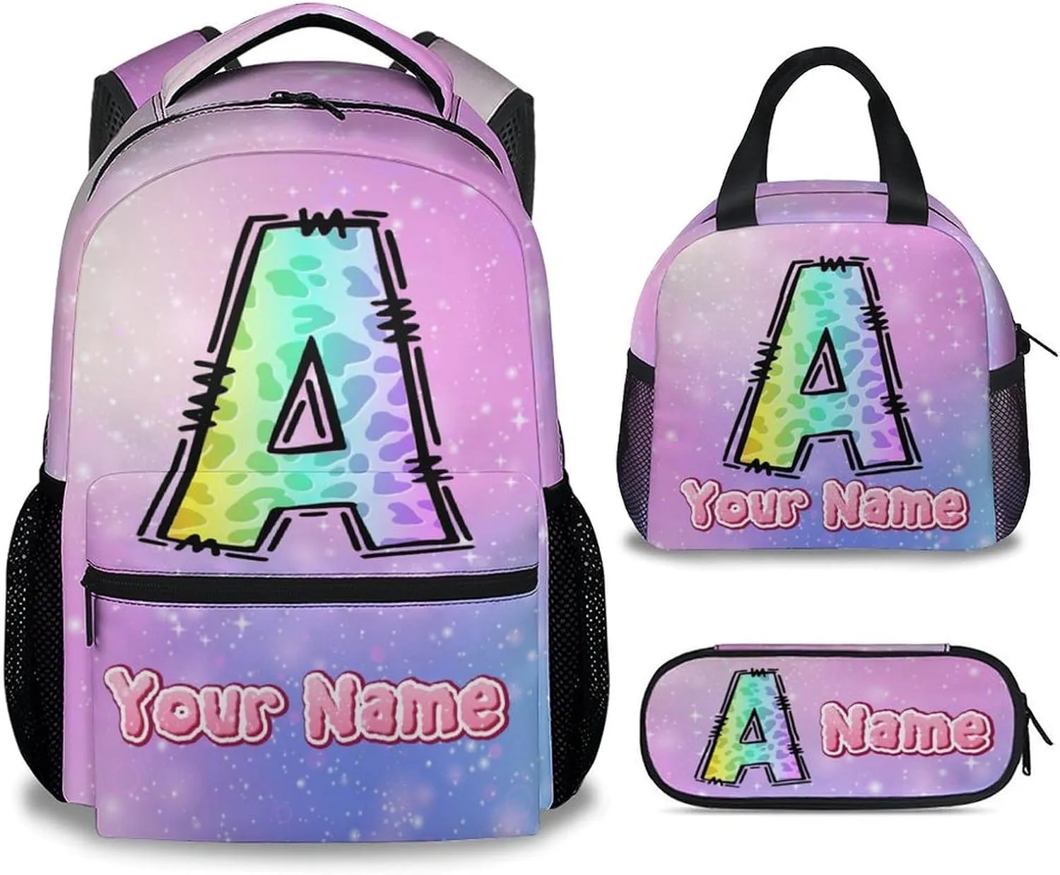 School Backpack with Lunch Box, Personalized Leopard Backpacks for Girls, Custom Cheetah Print Bookbag for Kids, 17 Inch Monogram Bookbag with Pencil Case