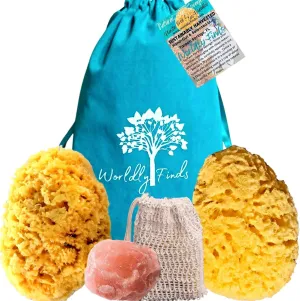 Sea Sponge 5” Natural Sponges 2 Count & Bonus Himalayan Salt Chunk & Soap Exfoliation Bag, Organic Sea Bath Sponges, Sustainably Hand-Cut Long Lasting Bath Gift Set (Natural Sponge - 2 Pack)