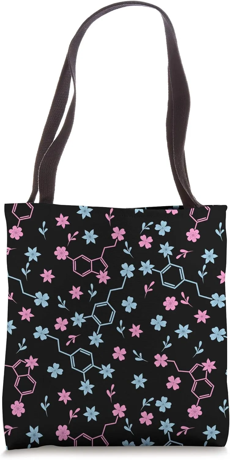 Serotonin and Dopamine Molecules Floral Pattern Tote Bag