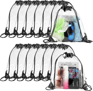 Shappy 30 Pieces Clear Drawstring Backpack, Plastic Waterproof Transparent Stadium Bags String Bag for Gym Travel(Black)