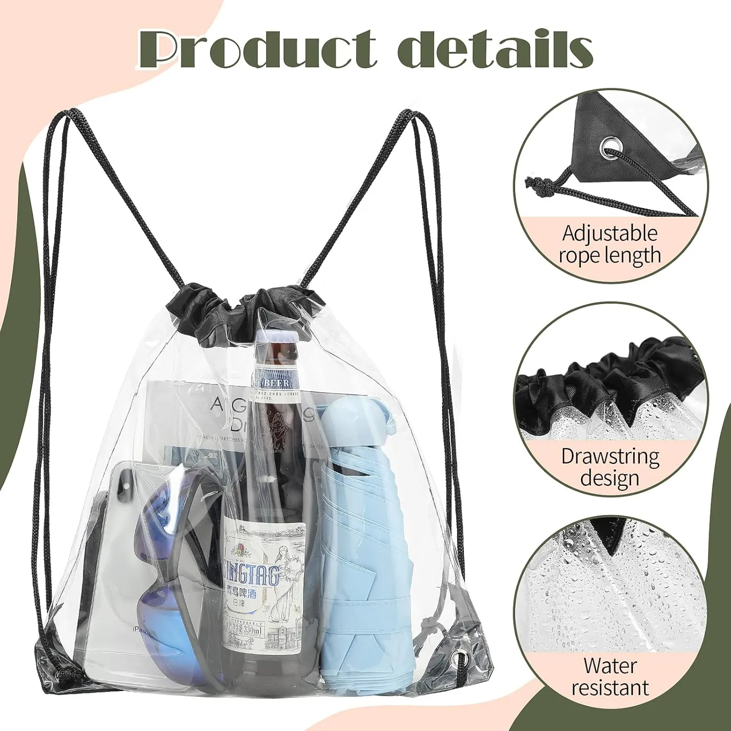 Shappy 30 Pieces Clear Drawstring Backpack, Plastic Waterproof Transparent Stadium Bags String Bag for Gym Travel(Black)