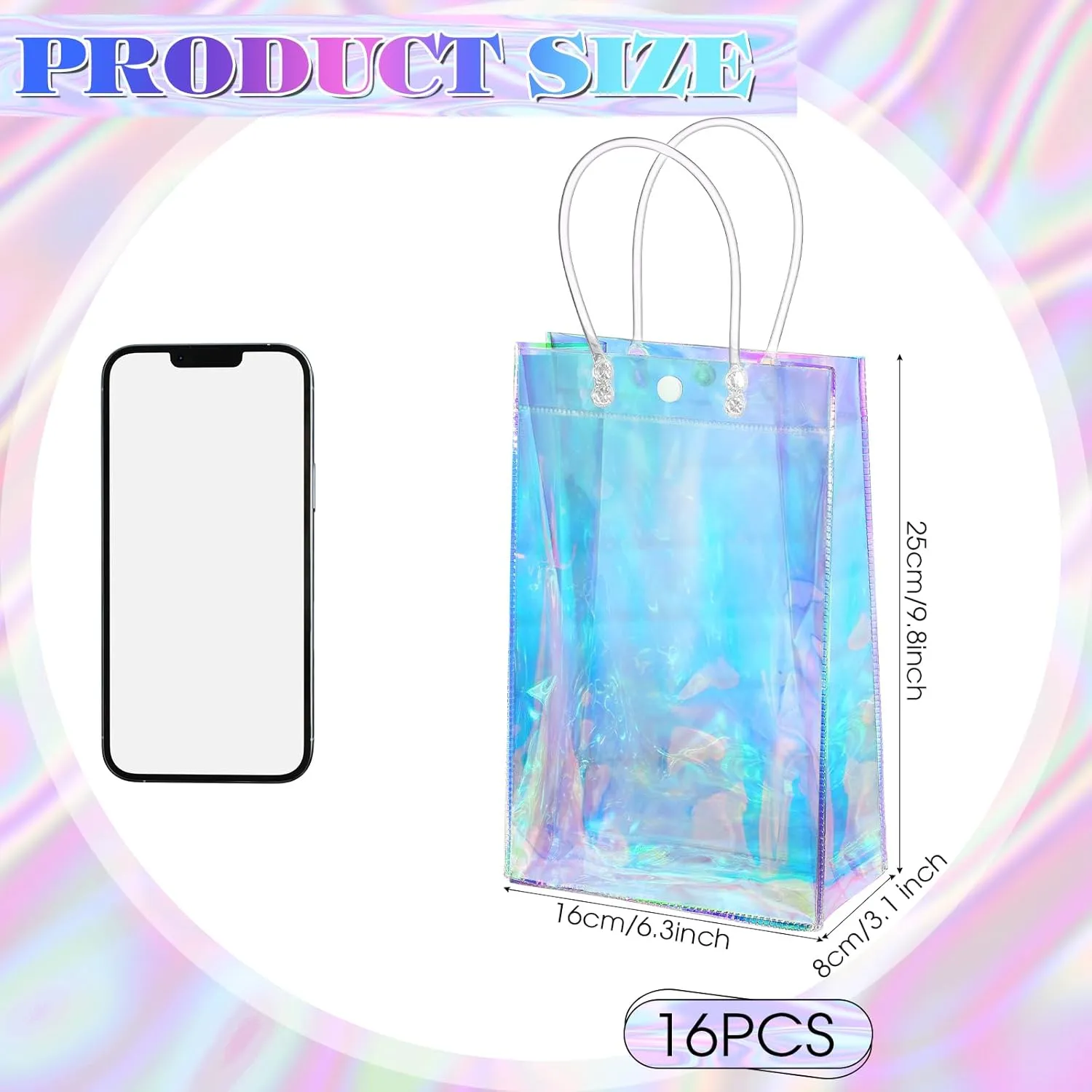 Sherr 16 Pcs Holographic Small Gift Bag Reusable Iridescent Clear Bags for Women PVC Plastic Goodie Holder with Handles for Shopping Christmas Holiday Gift Party Favor(6.3" x 9.84" x 3.15",Rainbow)