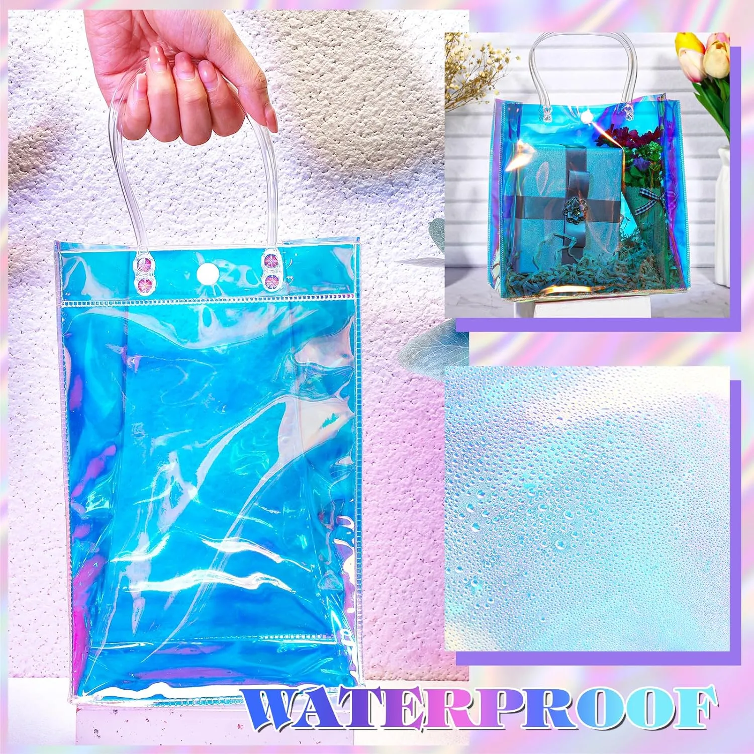 Sherr 16 Pcs Holographic Small Gift Bag Reusable Iridescent Clear Bags for Women PVC Plastic Goodie Holder with Handles for Shopping Christmas Holiday Gift Party Favor(6.3" x 9.84" x 3.15",Rainbow)