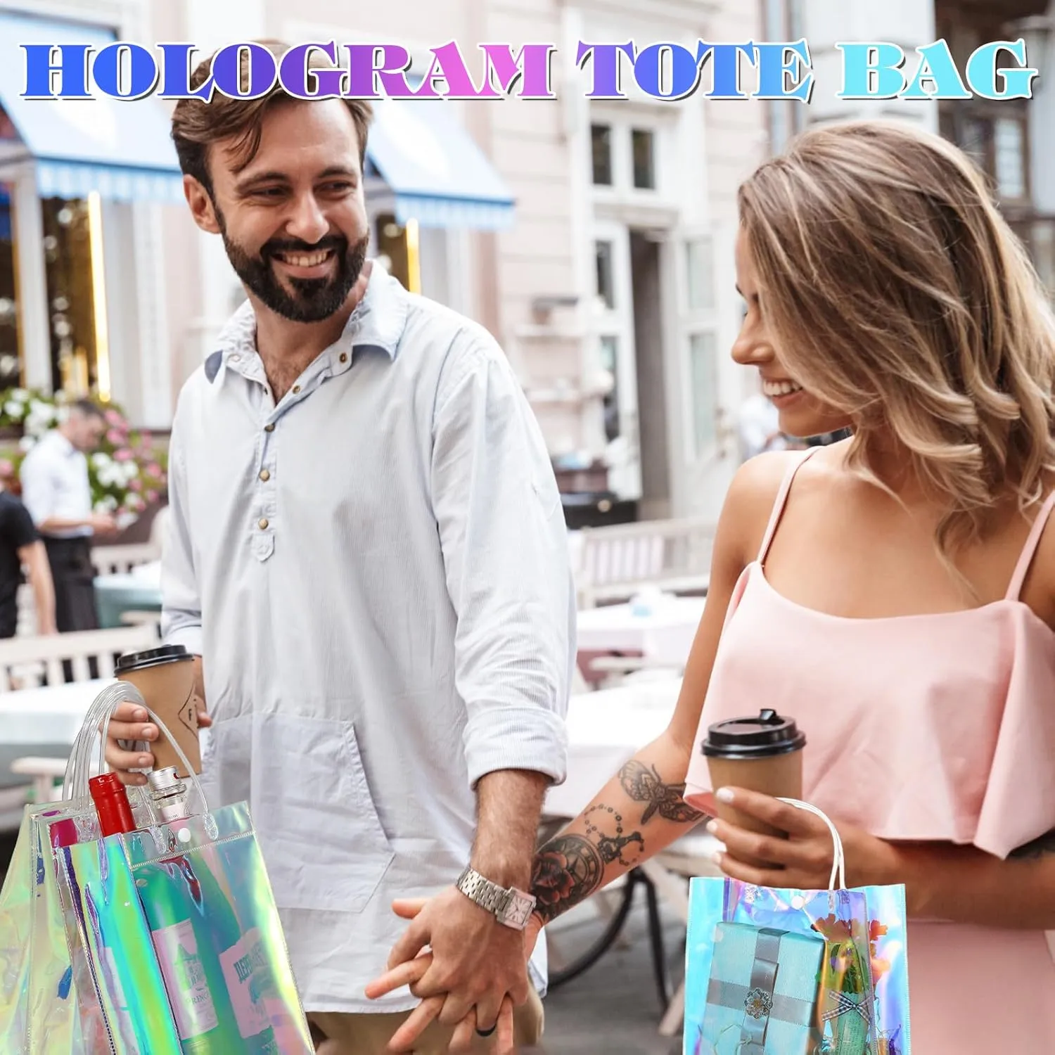 Sherr 16 Pcs Holographic Small Gift Bag Reusable Iridescent Clear Bags for Women PVC Plastic Goodie Holder with Handles for Shopping Christmas Holiday Gift Party Favor(6.3" x 9.84" x 3.15",Rainbow)