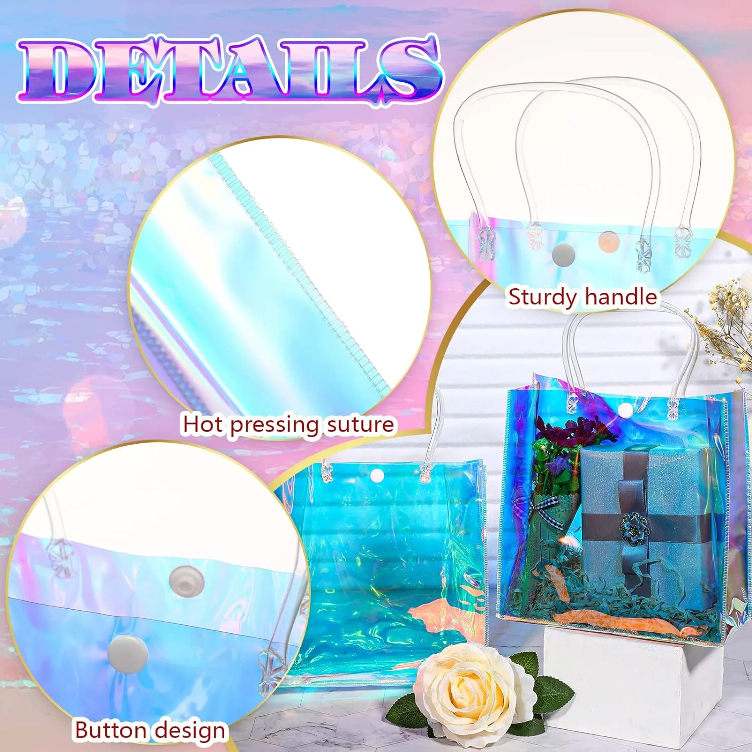 Sherr 16 Pcs Holographic Small Gift Bag Reusable Iridescent Clear Bags for Women PVC Plastic Goodie Holder with Handles for Shopping Christmas Holiday Gift Party Favor(7.87" x 7.87" x 3.15",Rainbow)