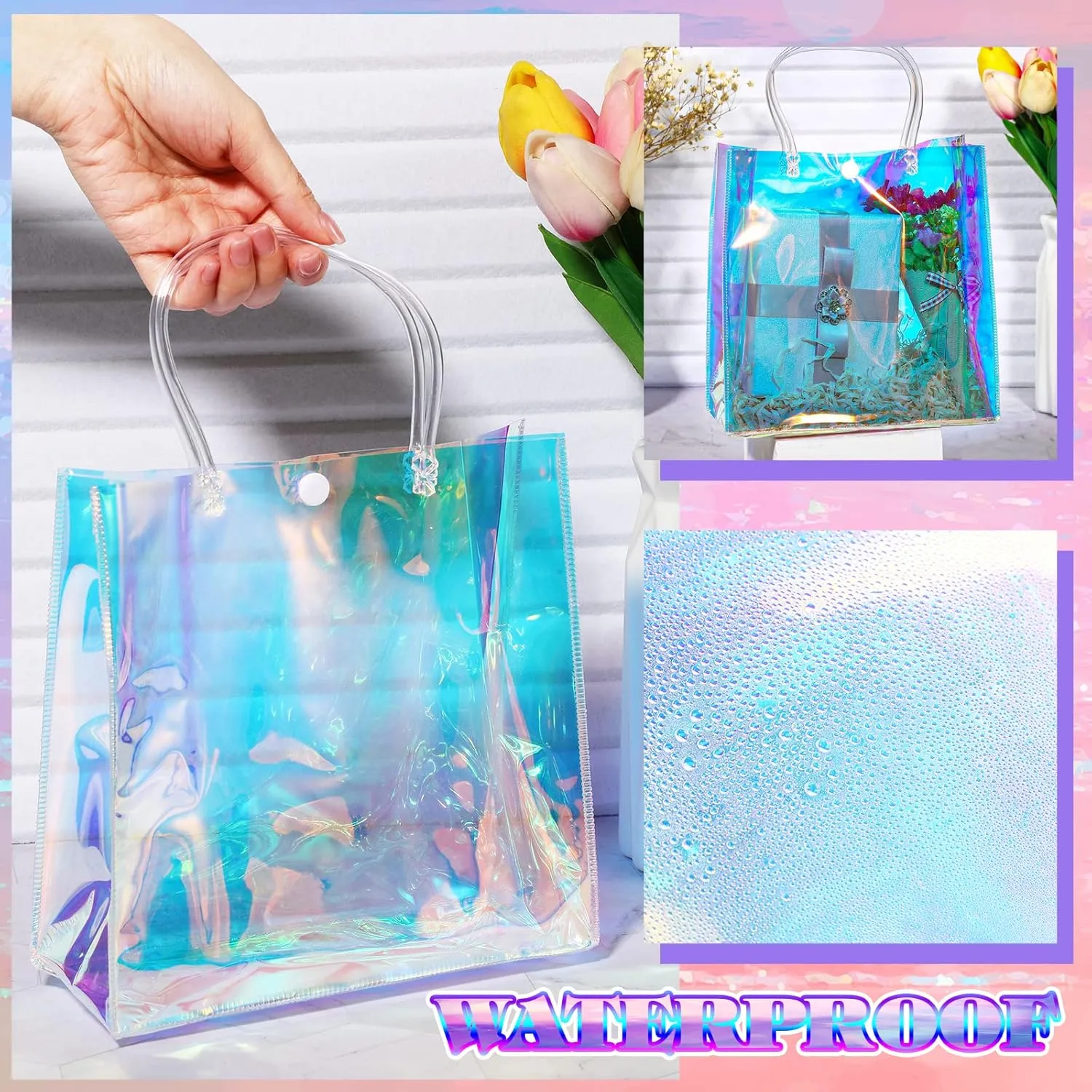 Sherr 16 Pcs Holographic Small Gift Bag Reusable Iridescent Clear Bags for Women PVC Plastic Goodie Holder with Handles for Shopping Christmas Holiday Gift Party Favor(7.87" x 7.87" x 3.15",Rainbow)