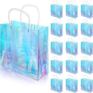Sherr 16 Pcs Holographic Small Gift Bag Reusable Iridescent Clear Bags for Women PVC Plastic Goodie Holder with Handles for Shopping Christmas Holiday Gift Party Favor(7.87" x 7.87" x 3.15",Rainbow)