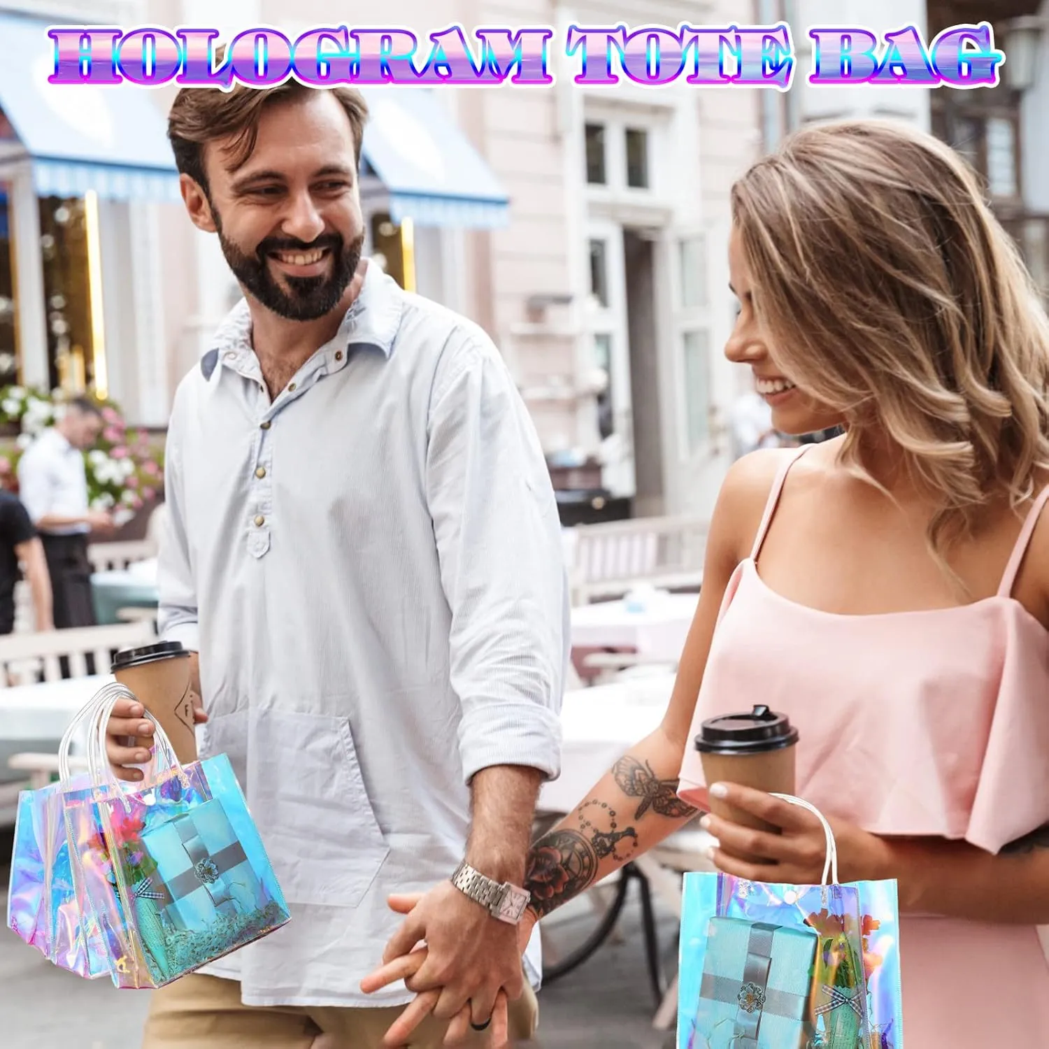 Sherr 16 Pcs Holographic Small Gift Bag Reusable Iridescent Clear Bags for Women PVC Plastic Goodie Holder with Handles for Shopping Christmas Holiday Gift Party Favor(7.87" x 7.87" x 3.15",Rainbow)