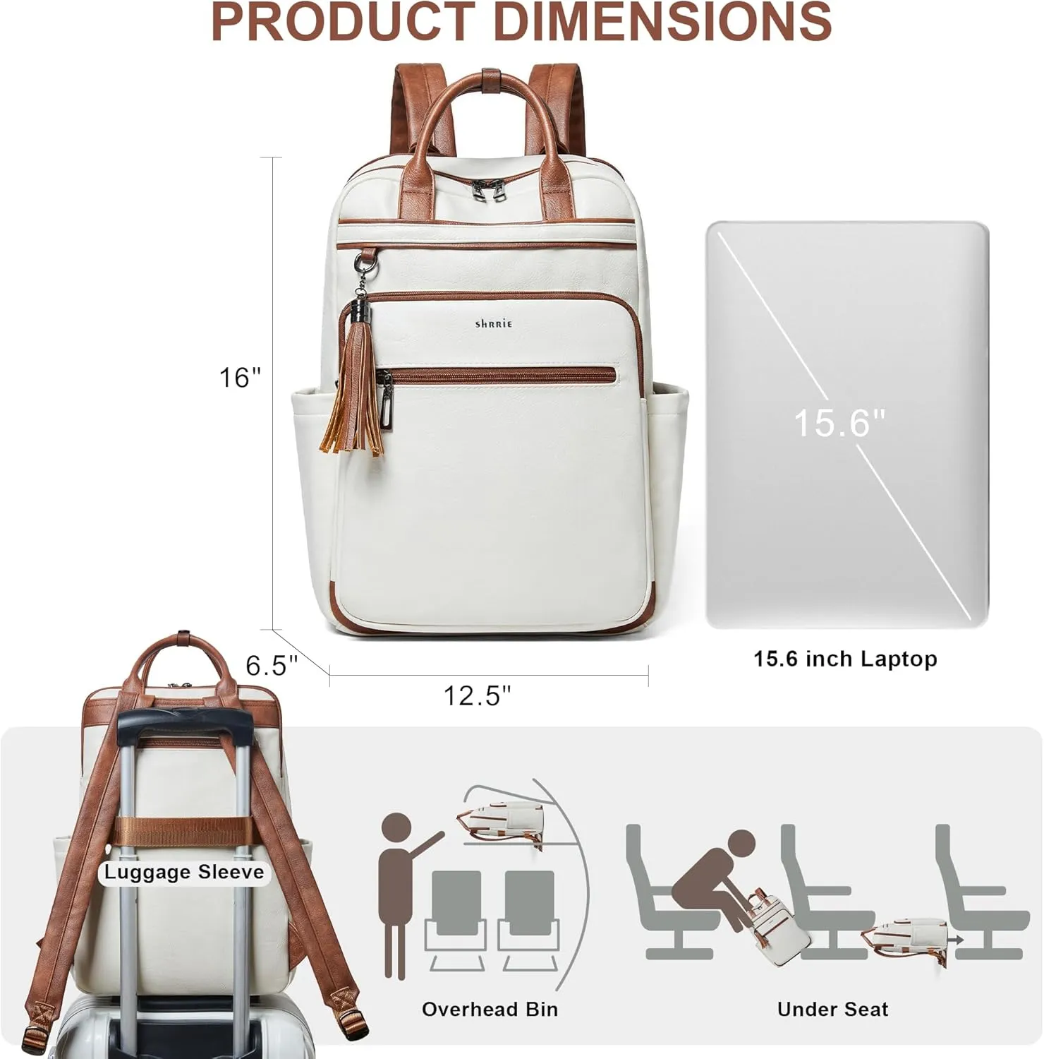 Shrrie Laptop Backpack for Women 15.6 inch Travel Leather Backpack Purse Work Computer Backpacks for Business College Beige