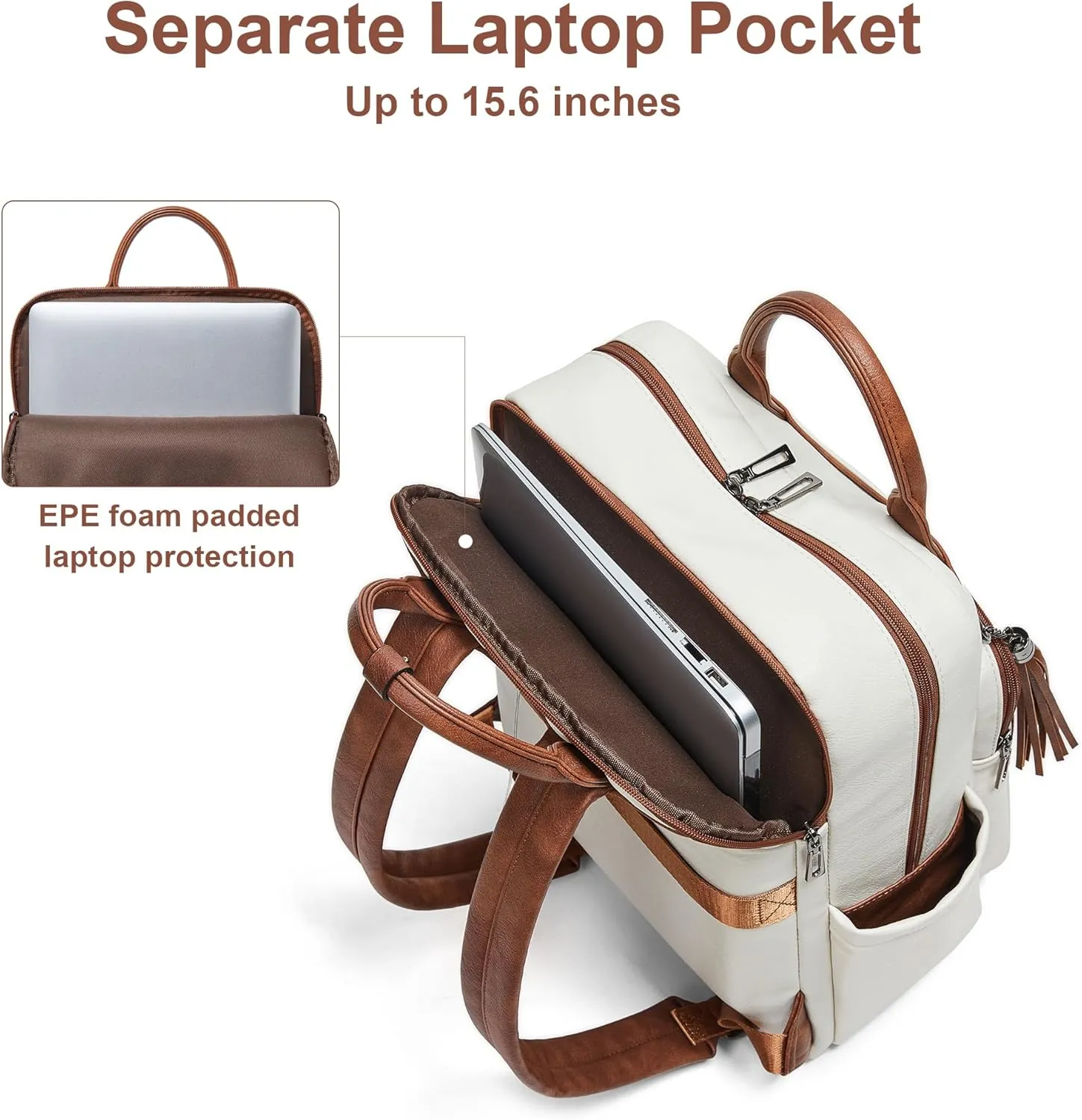 Shrrie Laptop Backpack for Women 15.6 inch Travel Leather Backpack Purse Work Computer Backpacks for Business College Beige