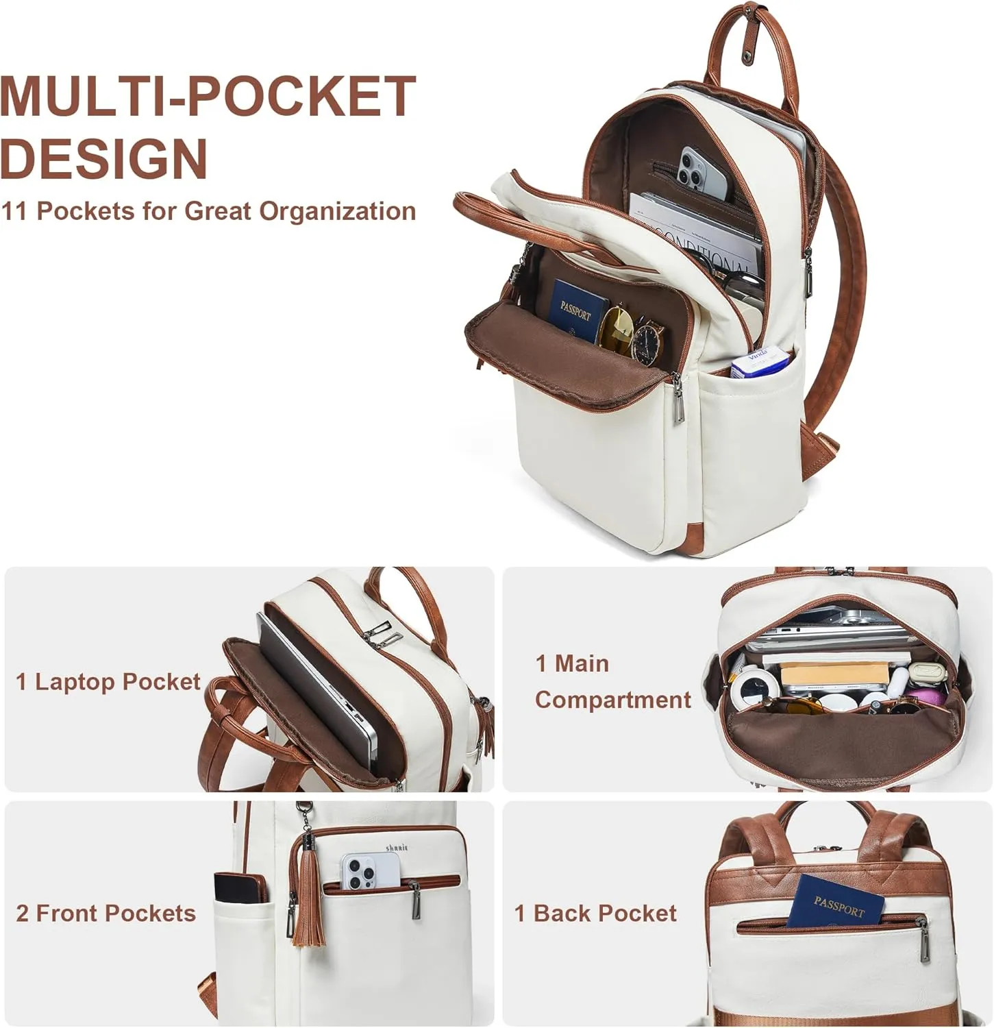 Shrrie Laptop Backpack for Women 15.6 inch Travel Leather Backpack Purse Work Computer Backpacks for Business College Beige