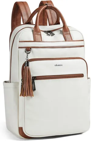 Shrrie Laptop Backpack for Women 15.6 inch Travel Leather Backpack Purse Work Computer Backpacks for Business College Beige