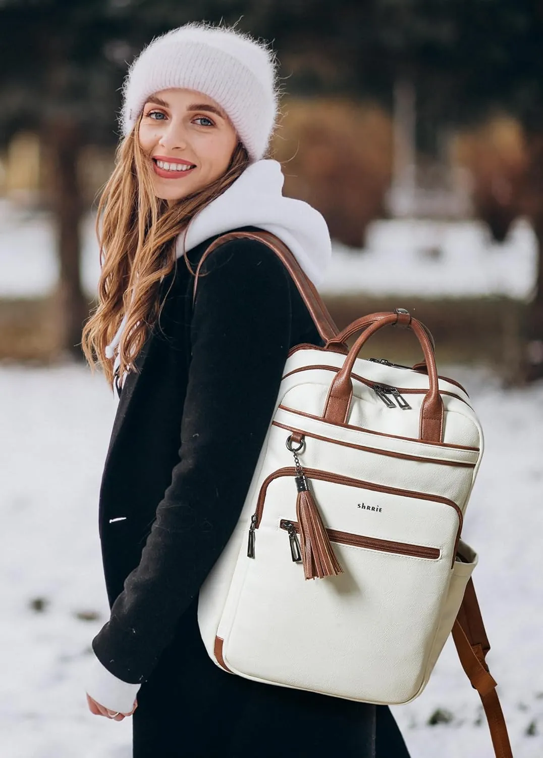 Shrrie Laptop Backpack for Women 15.6 inch Travel Leather Backpack Purse Work Computer Backpacks for Business College Beige