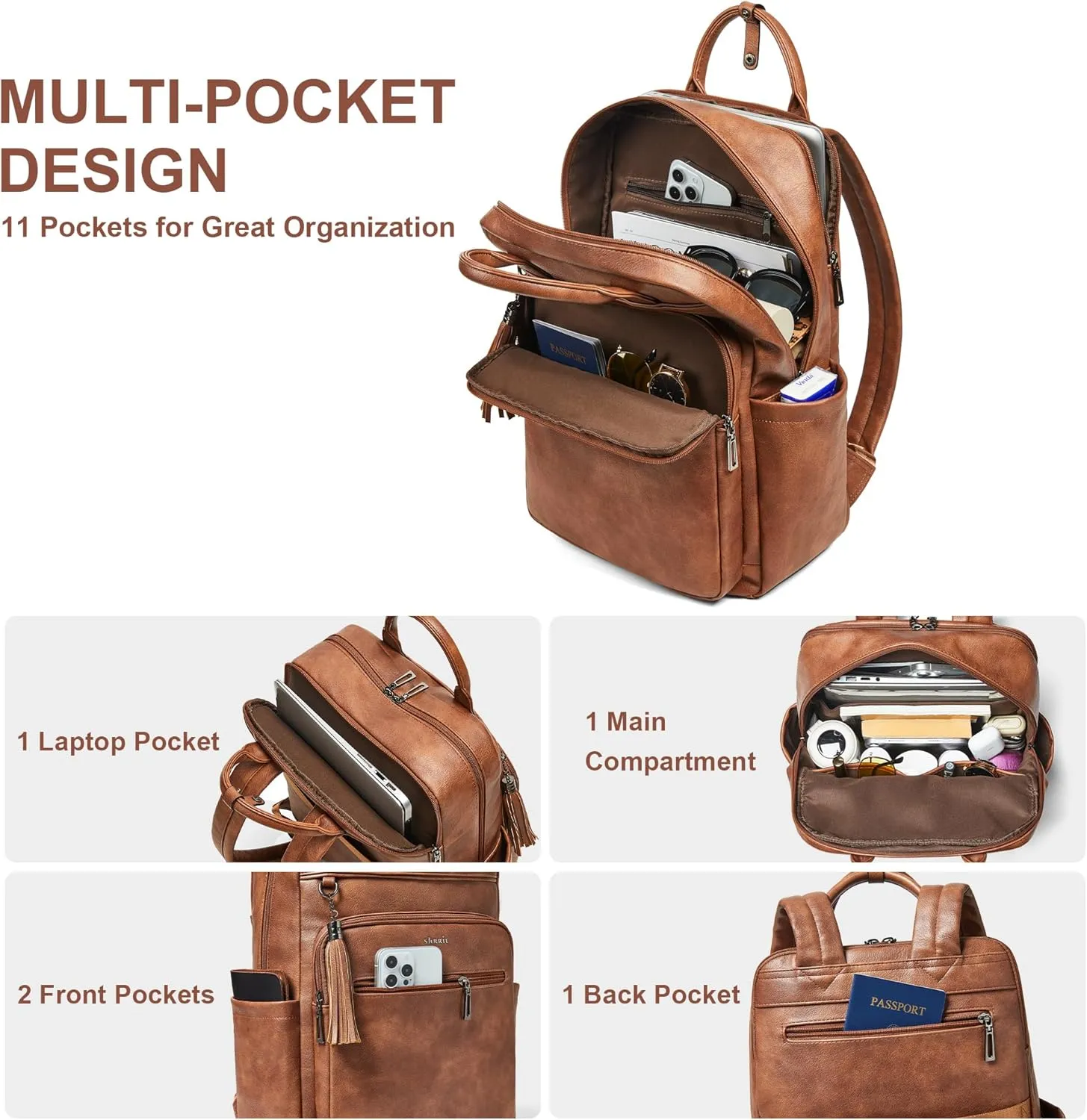 Shrrie Laptop Backpack for Women 15.6 inch Travel Leather Backpack Purse Work Computer Backpacks for Business College Brown