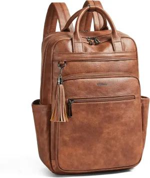 Shrrie Laptop Backpack for Women 15.6 inch Travel Leather Backpack Purse Work Computer Backpacks for Business College Brown