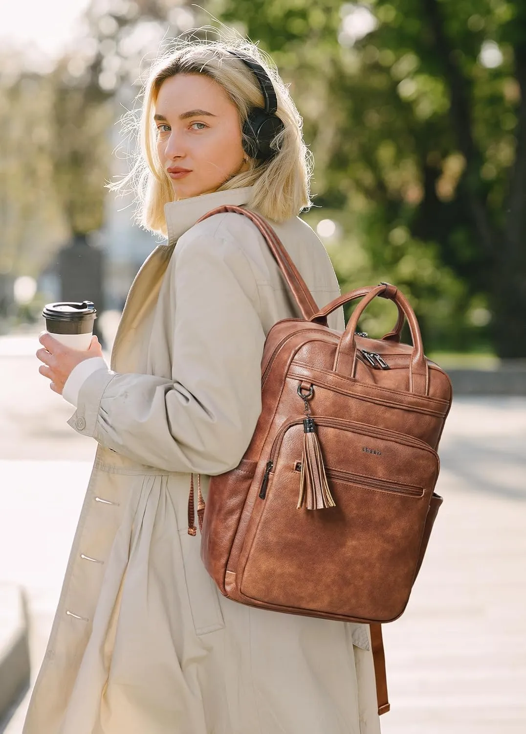 Shrrie Laptop Backpack for Women 15.6 inch Travel Leather Backpack Purse Work Computer Backpacks for Business College Brown