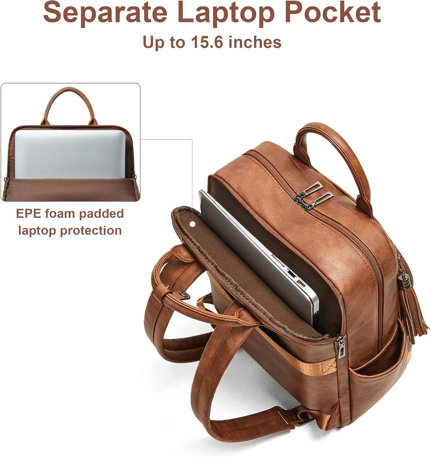 Shrrie Laptop Backpack for Women 15.6 inch Travel Leather Backpack Purse Work Computer Backpacks for Business College Brown