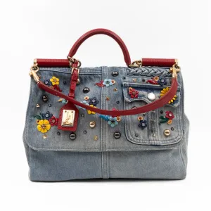 Sicily Large Crystal Embellished Blue Denim Red Lizard