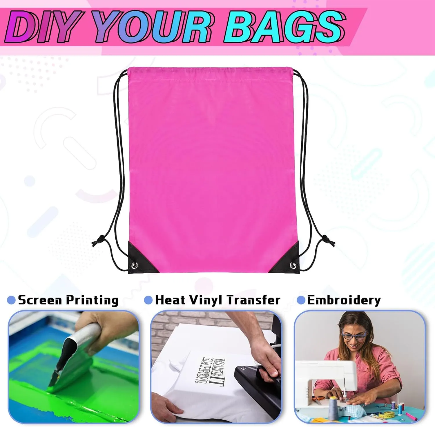 Silkfly 100 Pieces Drawstring Backpack Bags Bulk Portable Blank Cinch Storage Bags for Sports, School, DIY Gifts, Homeless, Social Assistance(Hot Pink)