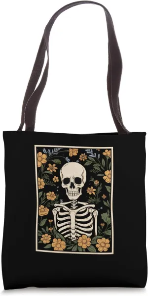 Skeleton Skull Floral Fusion - Elegant Gothic Tote Bag