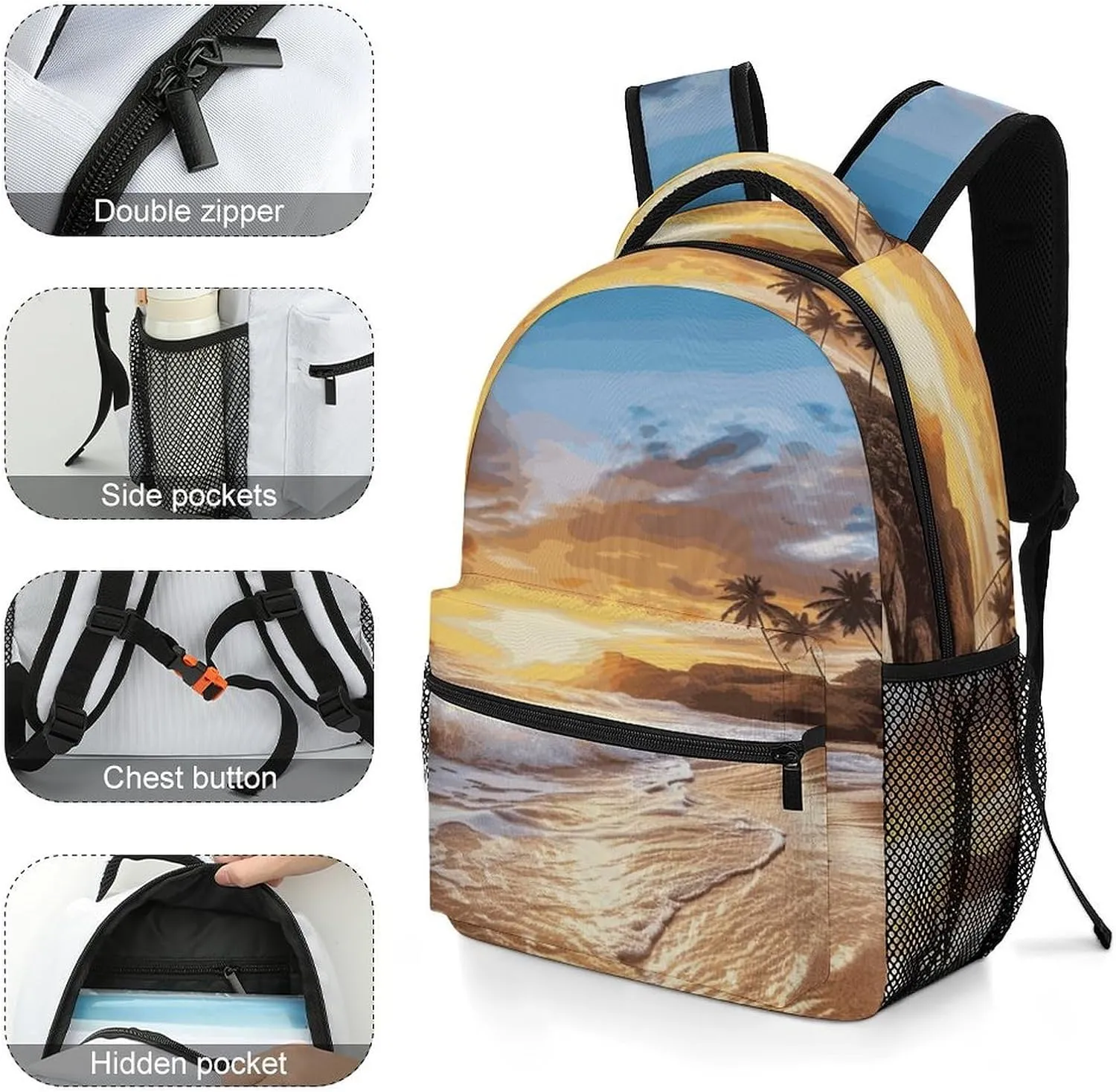 Small Backpacks Personalized Beach Sunset Landscape Printing Travel Bag Lightweight Travel Backpack For Women Men