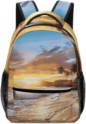 Small Backpacks Personalized Beach Sunset Landscape Printing Travel Bag Lightweight Travel Backpack For Women Men