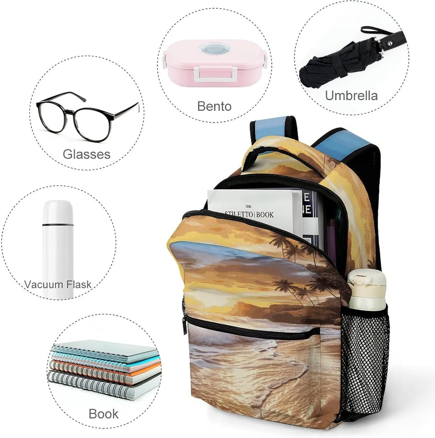 Small Backpacks Personalized Beach Sunset Landscape Printing Travel Bag Lightweight Travel Backpack For Women Men