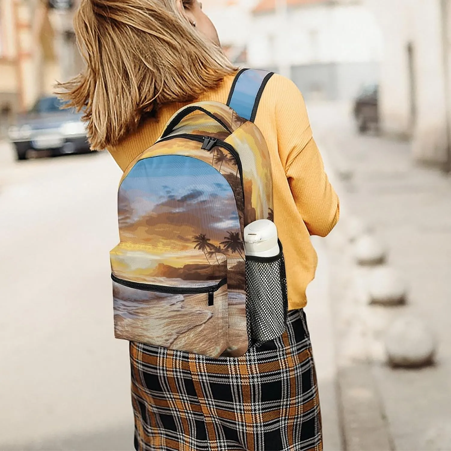 Small Backpacks Personalized Beach Sunset Landscape Printing Travel Bag Lightweight Travel Backpack For Women Men