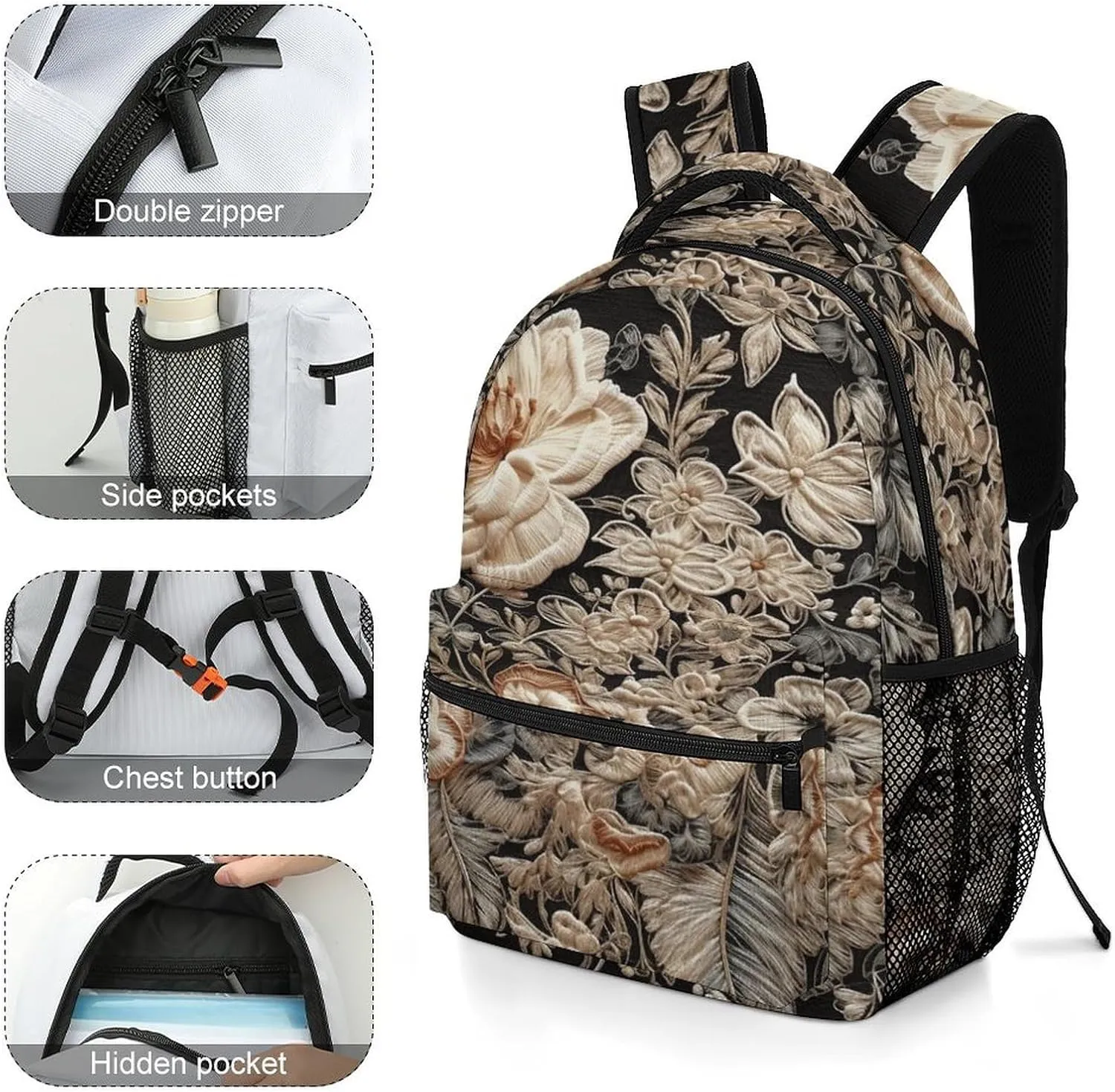 Small Backpacks Personalized Lace Embroidery Floral Printing Travel Bag Lightweight Travel Backpack For Women Men