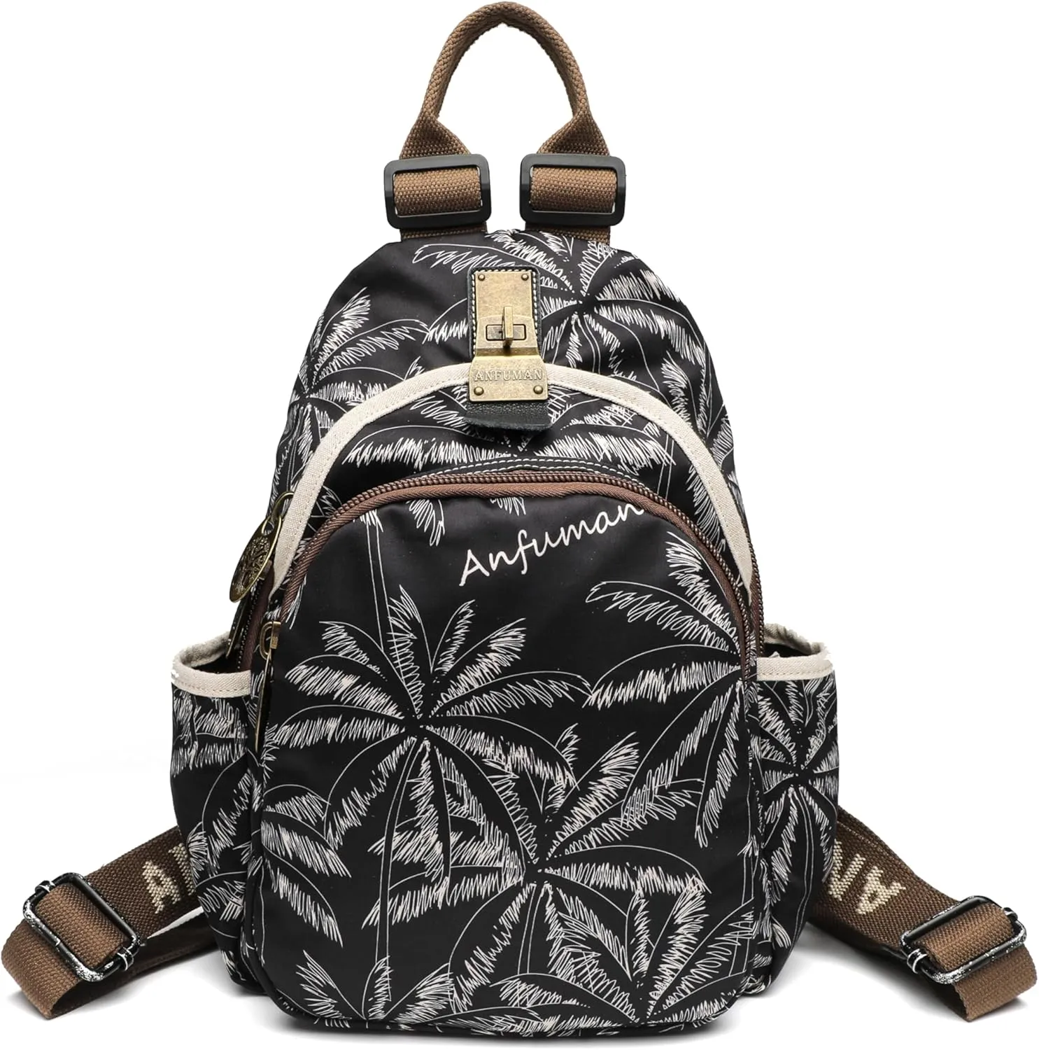 Small Backpacks Purse for Women Mini Waterproof Colorful Print Backpack Leisure Travel Bags Black Coconut