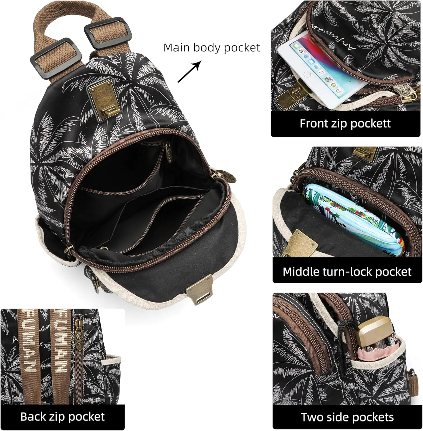 Small Backpacks Purse for Women Mini Waterproof Colorful Print Backpack Leisure Travel Bags Black Coconut
