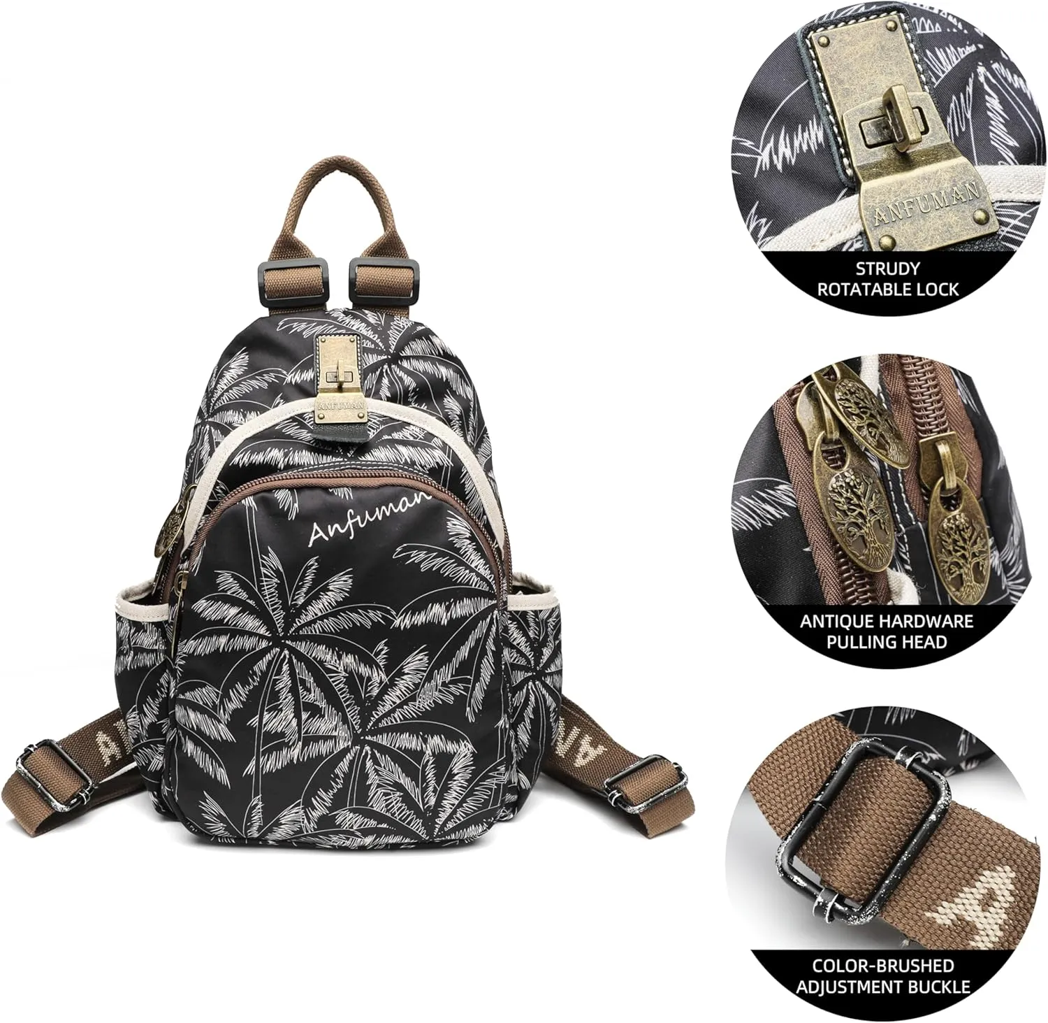 Small Backpacks Purse for Women Mini Waterproof Colorful Print Backpack Leisure Travel Bags Black Coconut