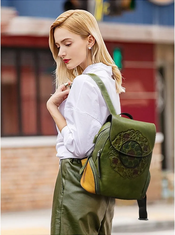 Small Travel backpack purse for women Genuine Leather Anti Theft Backpack with USB Charging Port Fashion Vintage Embossed Totem Backpacks Army Green