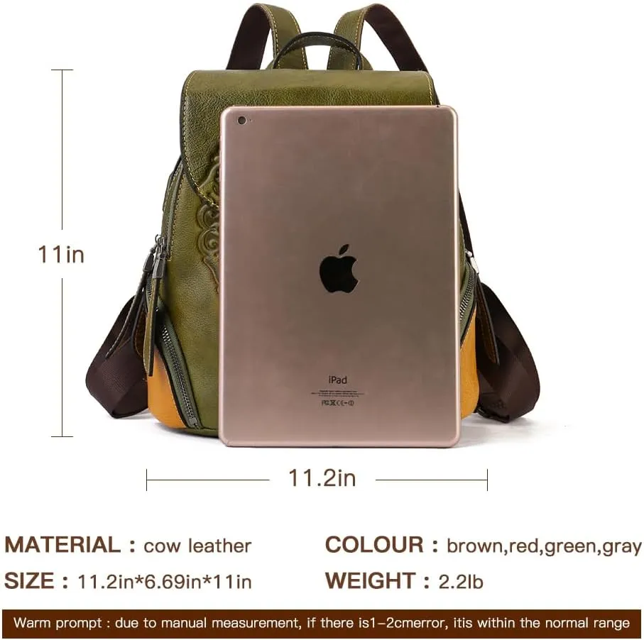Small Travel backpack purse for women Genuine Leather Anti Theft Backpack with USB Charging Port Fashion Vintage Embossed Totem Backpacks Army Green