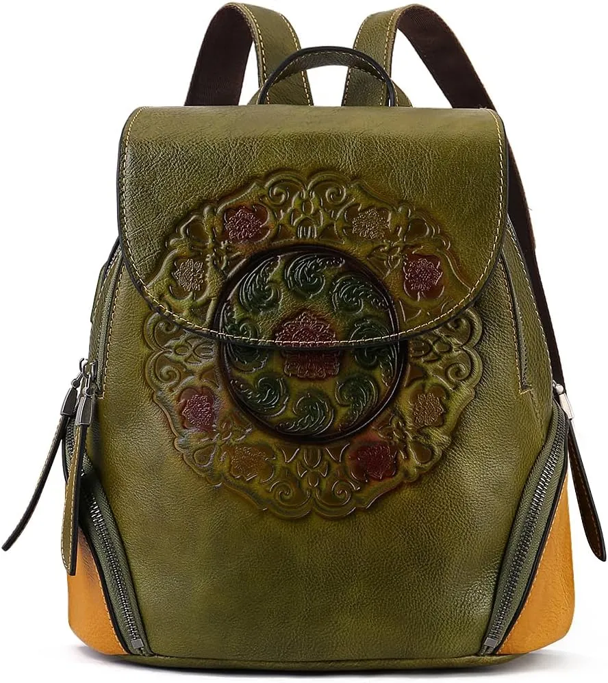 Small Travel backpack purse for women Genuine Leather Anti Theft Backpack with USB Charging Port Fashion Vintage Embossed Totem Backpacks Army Green