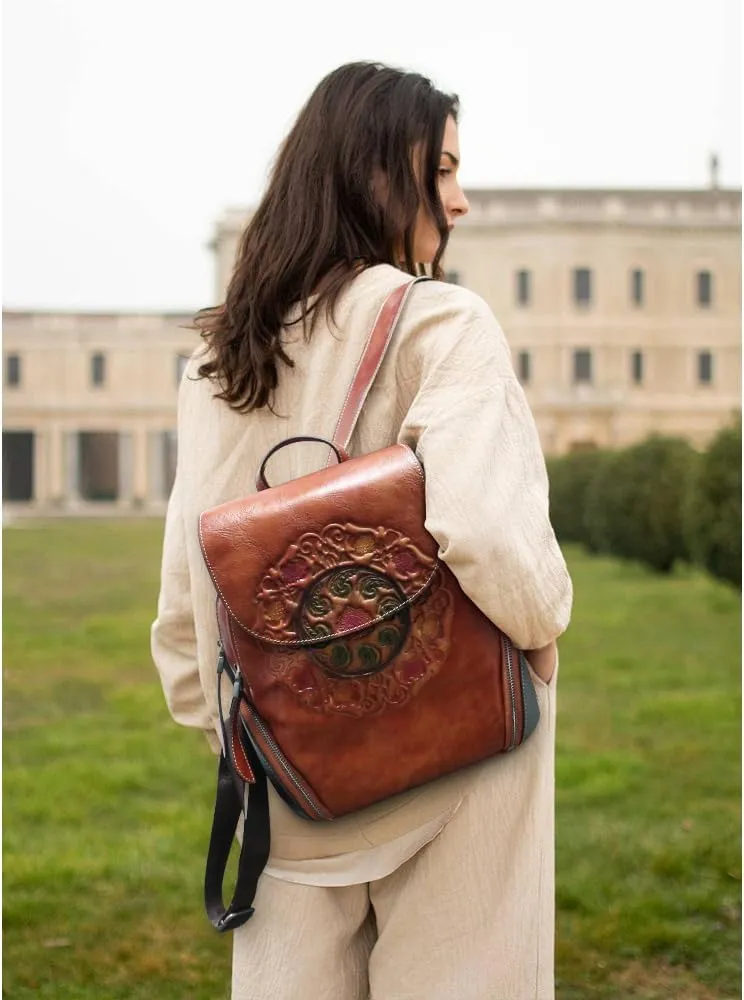 Small Travel backpack purse for women Genuine Leather Anti Theft Backpack with USB Charging Port Fashion Vintage Embossed Totem Backpacks Brown