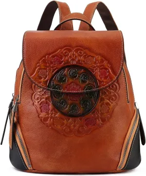 Small Travel backpack purse for women Genuine Leather Anti Theft Backpack with USB Charging Port Fashion Vintage Embossed Totem Backpacks Brown