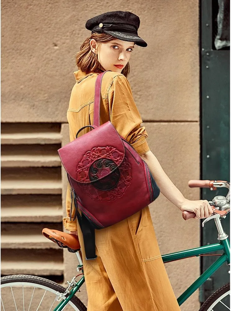 Small Travel backpack purse for women Genuine Leather Anti Theft Backpack with USB Charging Port Fashion Vintage Embossed Totem Backpacks Red