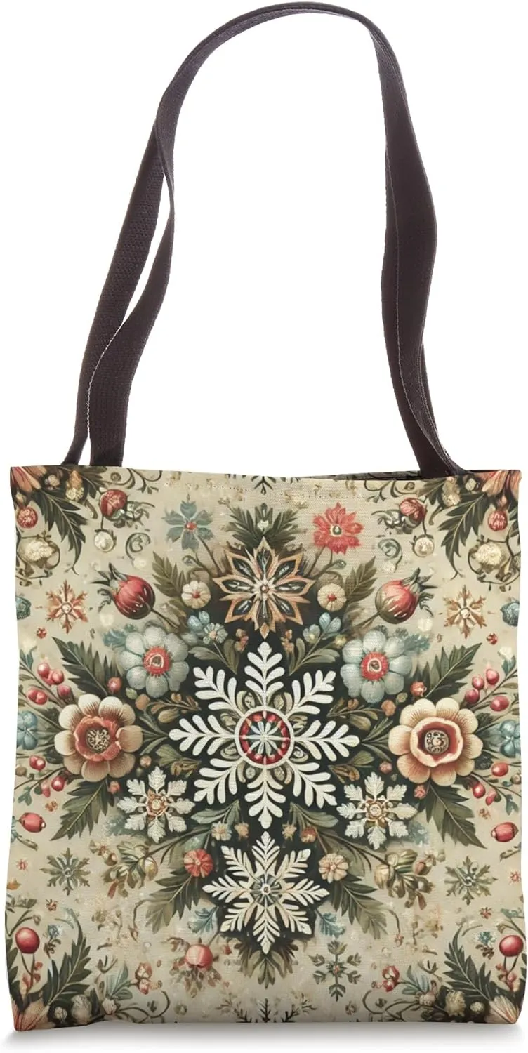 Snowflakes & Christmas Stars Vintage Polish Folk Art Pattern Tote Bag