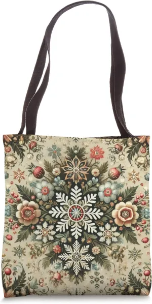 Snowflakes & Christmas Stars Vintage Polish Folk Art Pattern Tote Bag