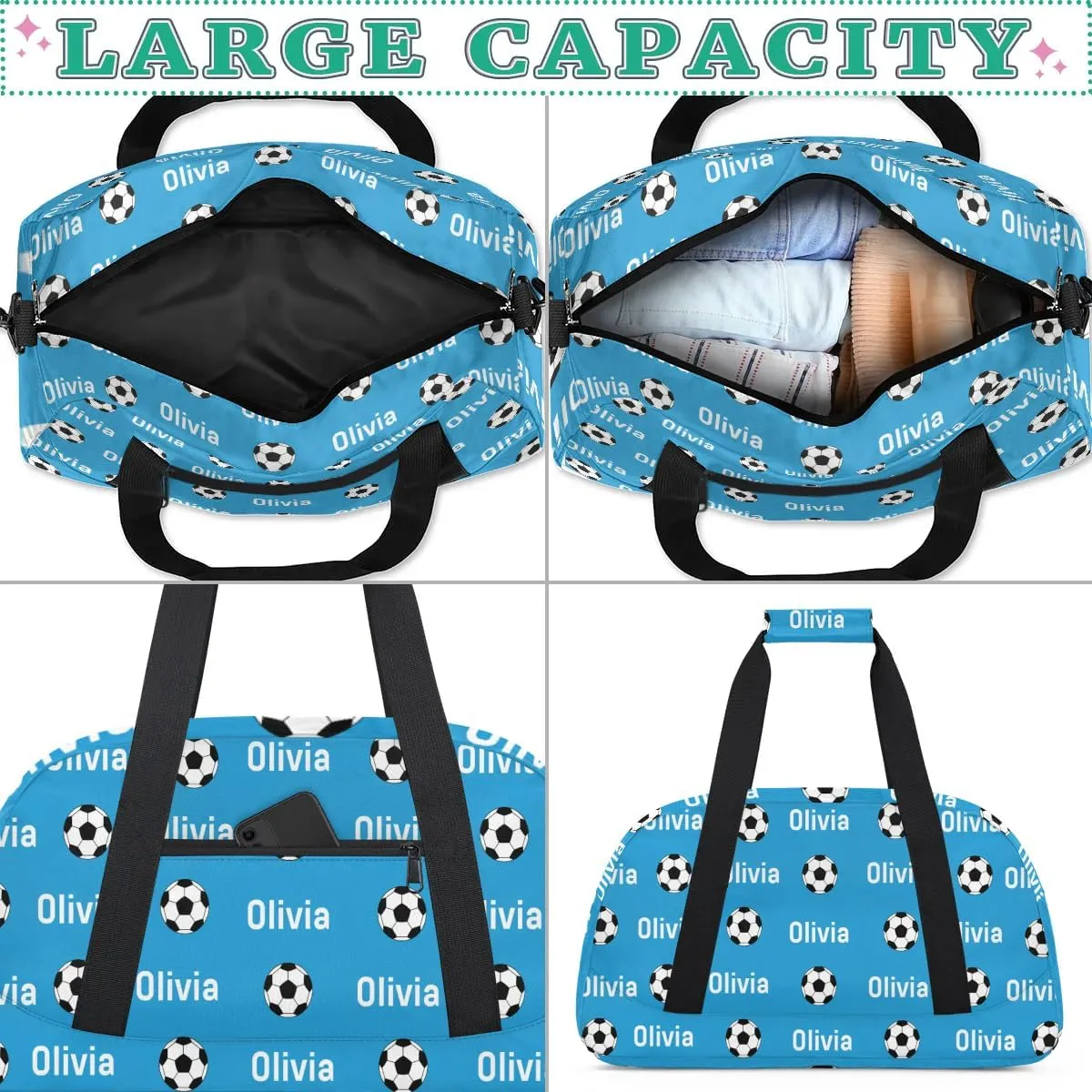 Soccer Custom Name Sport Gym Bag Personalized Football Overnight Duffel Bag for Boys Girls Weekender Bags Carry On Training Bag, Blue