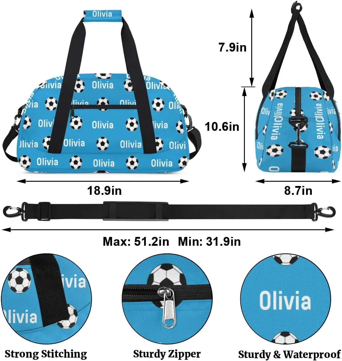 Soccer Custom Name Sport Gym Bag Personalized Football Overnight Duffel Bag for Boys Girls Weekender Bags Carry On Training Bag, Blue