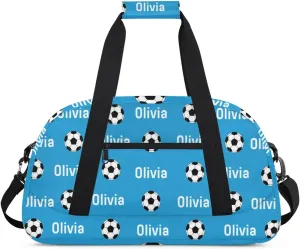 Soccer Custom Name Sport Gym Bag Personalized Football Overnight Duffel Bag for Boys Girls Weekender Bags Carry On Training Bag, Blue