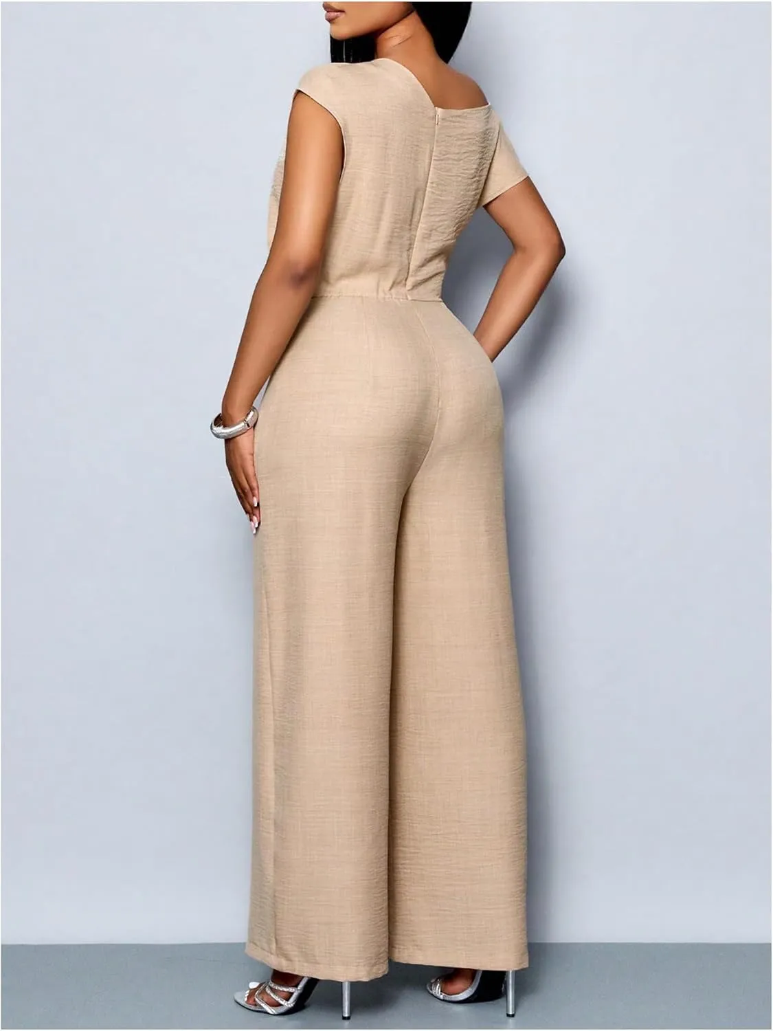 SOLY HUX Women's Summer Asymmetrical Neck Ruched Jumpsuit Elegant Wide Leg Evening Party Rompers